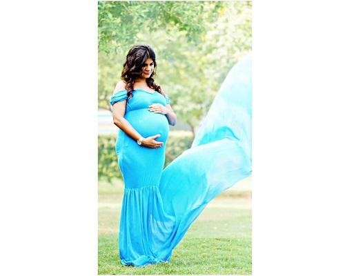 G46,Blue Maternity Shoot Trail Baby Shower  Lycra Fit Gown, Size: All,Color: All