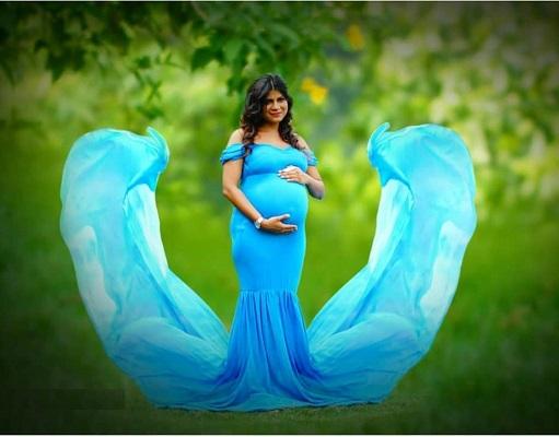 G46,Blue Maternity Shoot Trail Baby Shower  Lycra Fit Gown, Size: All,Color: All