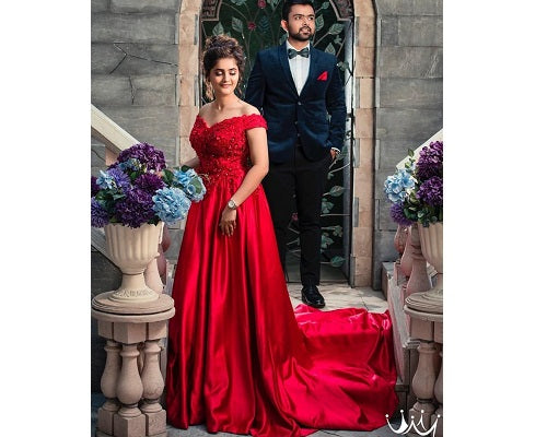 G130, Wine Satin Off Shoulder Trail Ball gown, Size: All, Color: All