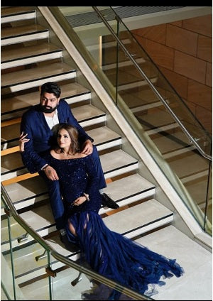 G321, Blue Top Sequence with Bottom Lace Cutout prewedding Trail Gown, Size: All, Color: All