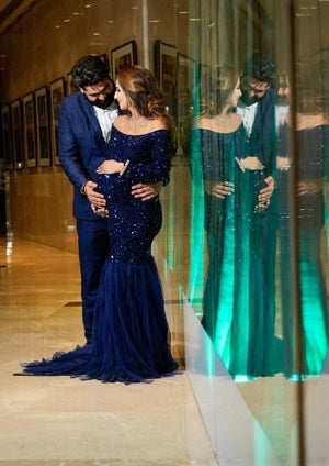 G321, Blue Top Sequence with Bottom Lace Cutout maternity Trail Lycra Body Fit Gown, Size: All, Color: All