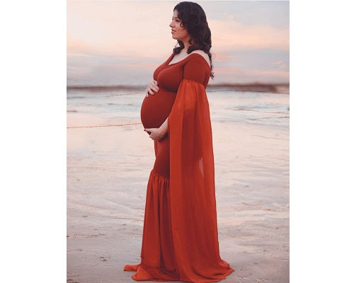 G181 (5) Wine Maternity Shoot Long Sleeves Trail Baby Shower Lycra Fit Gown, Size: All, Color: All