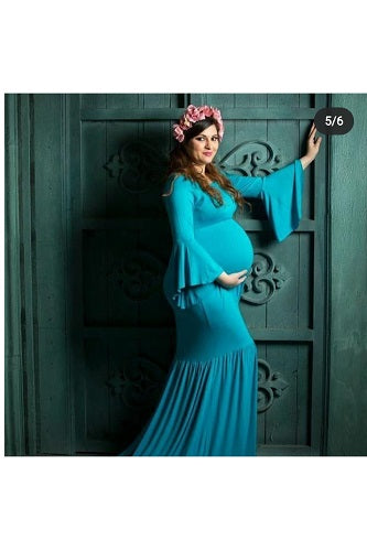 G45,Blue Maternity shoot Baby Shower Lycra Body Fit Gown, Size: All, Color: All