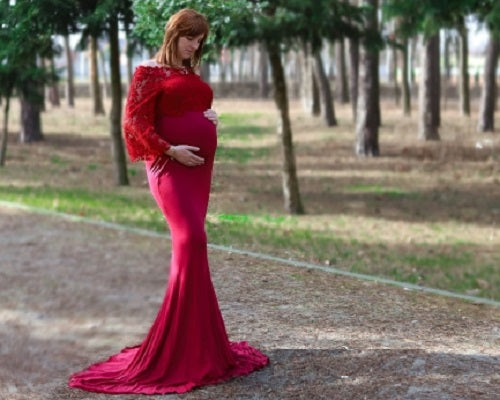 G208, Wine Os Full Sleeves Maternity Shoot Trail Baby Shower Lycra Body Fit Gown, Size: All, Color: All