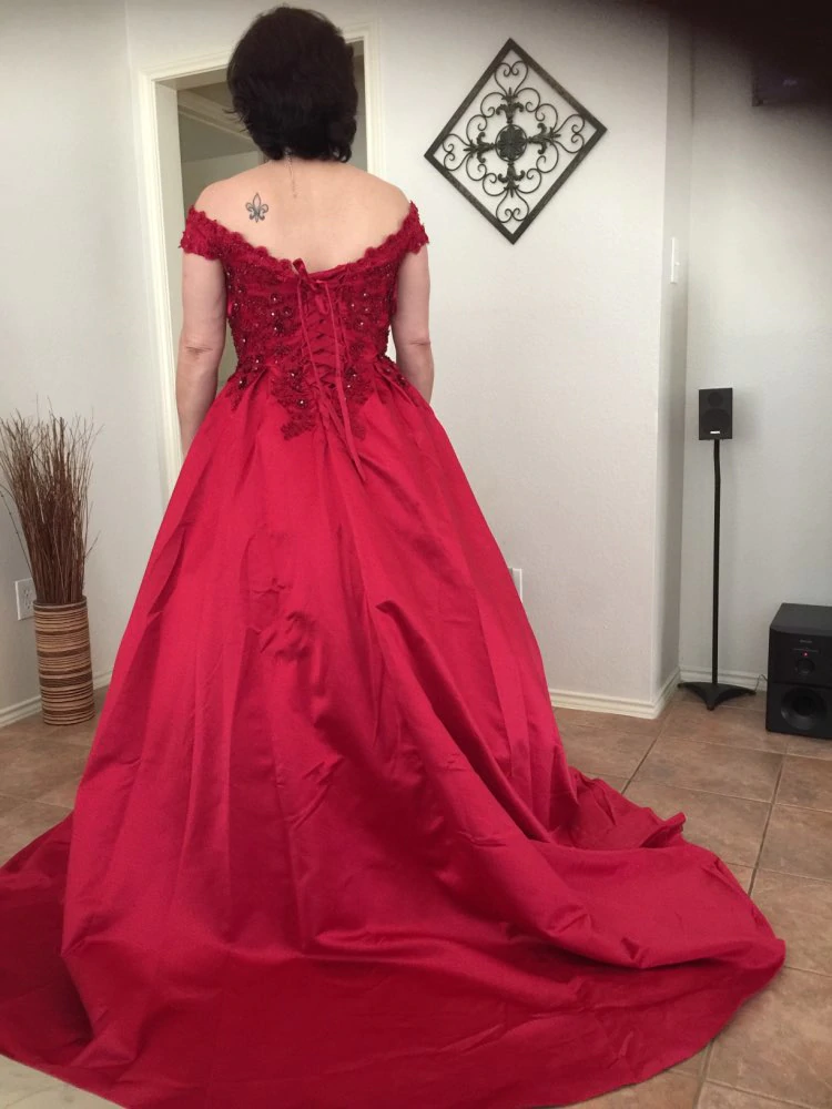 G130, Wine Satin Off Shoulder Trail Ball gown, Size: All, Color: All