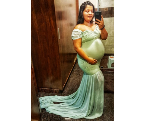 G48,Light Green Maternity Shoot Trail Baby Shower Lycra Body Fit Gown, Size: All, Color: All