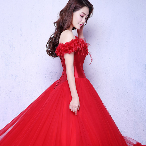 G137, Luxury Red Puffy Cloud Trail Ball Gown, Size: All, Color: All