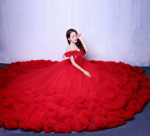 G123, Luxury Wine Puffy Cloud Trail Big Ball Gown, Size: All, Color: All