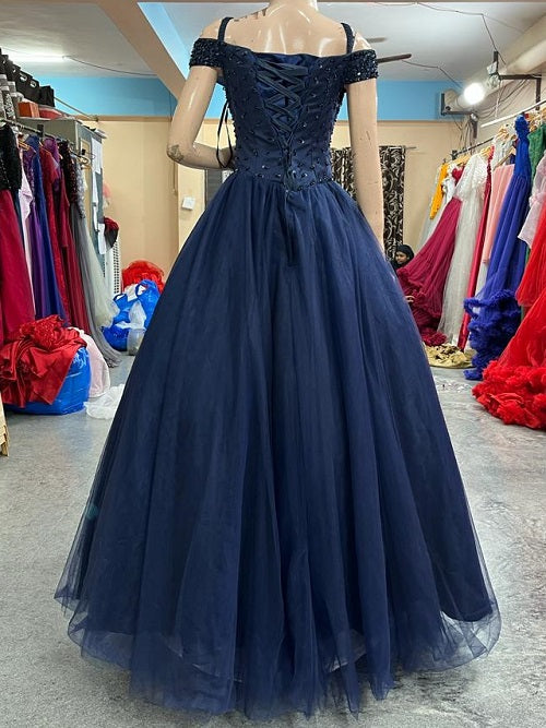 G435, Navy Blue Semi Off Shoulder Ball Gown, Size (XS-30 to XL-35)