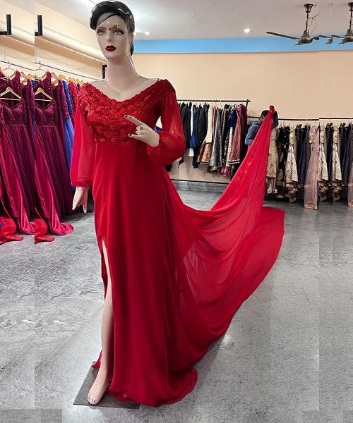G603, Red Slit Cut Semi Offshoulder Prewedding Long Trail Gown, Size: All, Color: All