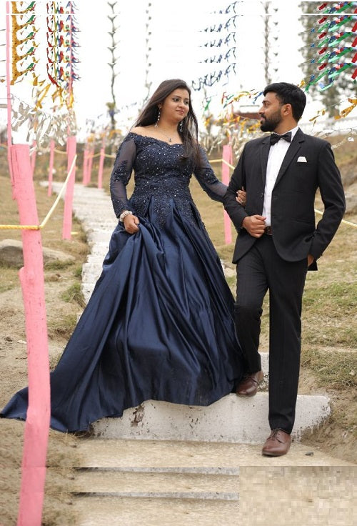 G329, Navy blue Satin Semi Off Shoulder Full Sleeves Prewedding Shoot Trail Ball Gown Size: All, Color: All