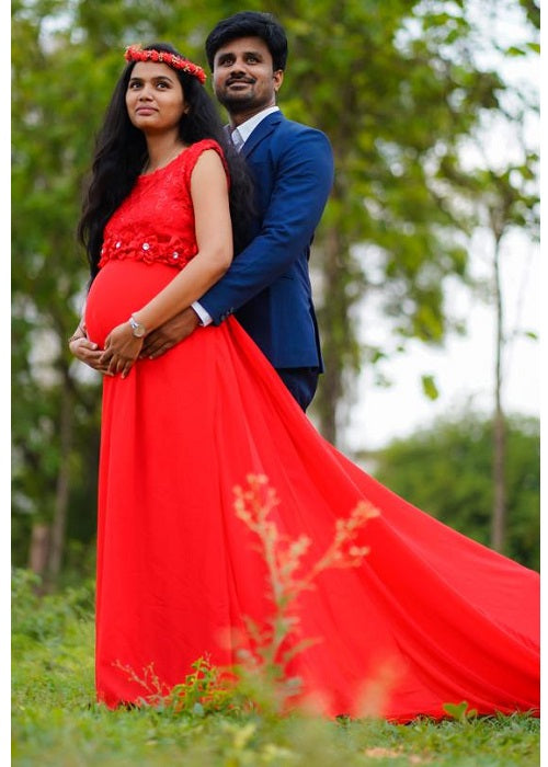 G600, Red Long Trail Maternity Shoot Baby Shower Gown, Size: All, Color: All