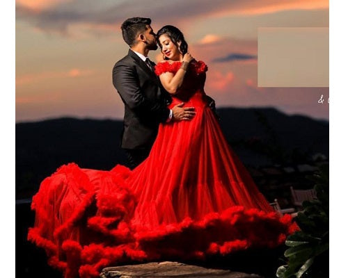 G137, Luxury Red Puffy Cloud Trail Ball Gown, Size: All, Color: All