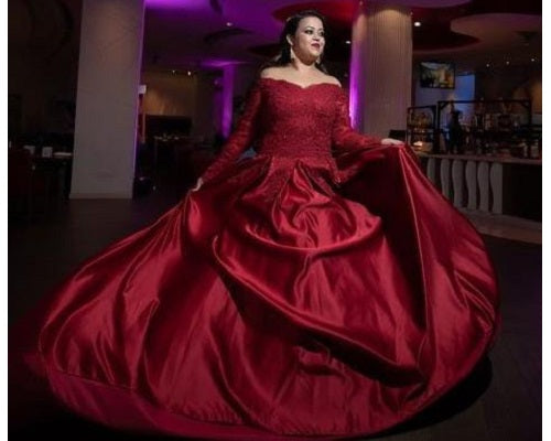 G429, Dark Wine Satin Semi Off Shoulder Full Sleeves Prewedding Shoot Trail Ball Gown, Size: All, Color: All