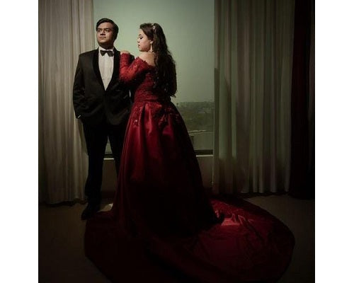 G429, Dark Wine Satin Semi Off Shoulder Full Sleeves Prewedding Shoot Trail Ball Gown, Size: All, Color: All