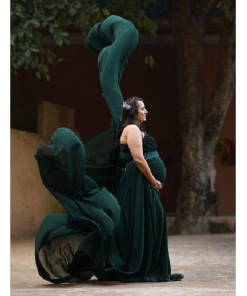 G875, Bottle Green One Shoulder Maternity Shoot Long Trail Gown, Size: All, Color: All