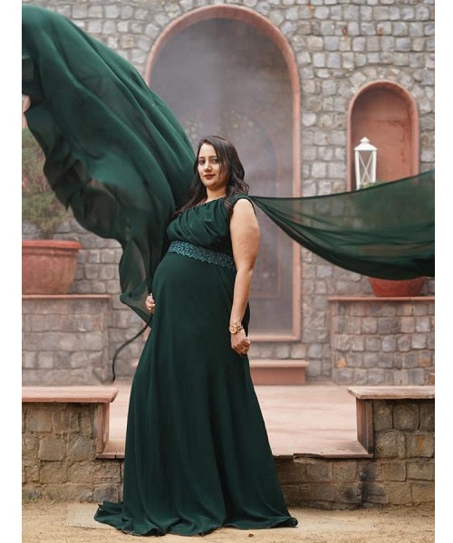 G875, Bottle Green One Shoulder Maternity Shoot Long Trail Gown, Size: All, Color: All