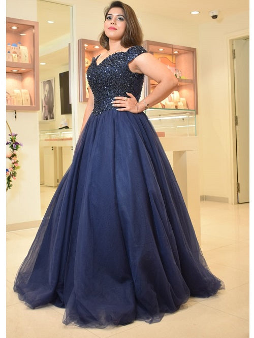 Dark blue sweetheart tulle long prom dress blue tulle formal dress – shdress