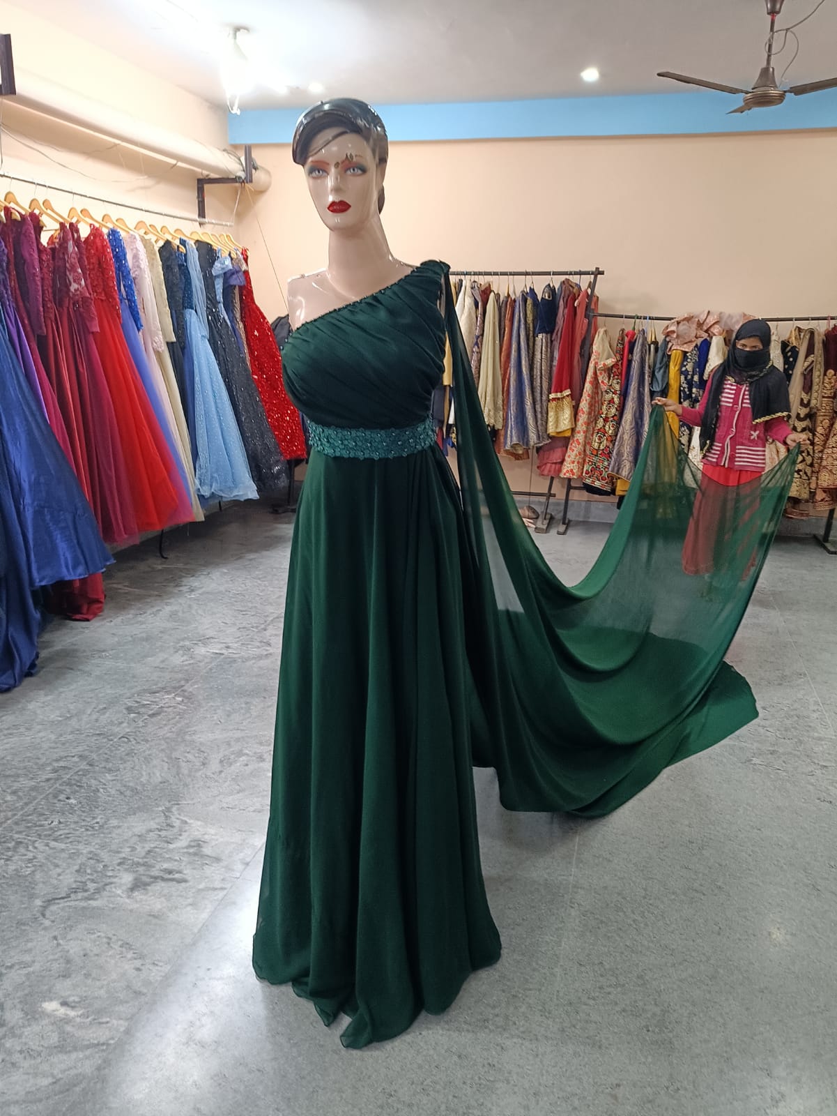 G875, Bottle Green One Shoulder Maternity Shoot Long Trail Gown, Size: All, Color: All
