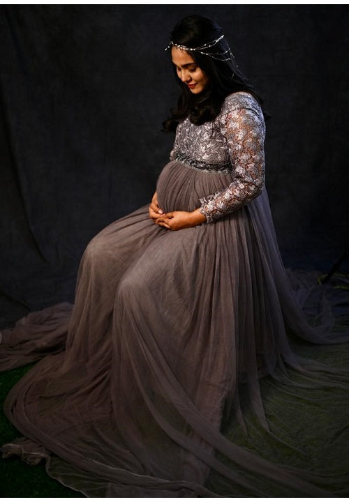G445, Grey Maternity Shoot Baby Shower Trail  Lycra Fit Gown, Size: All, Color: All