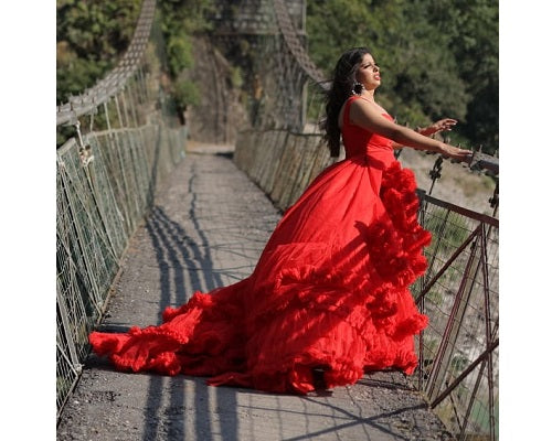 G37, Luxury Red Cloud Puffy Trail Ball Gown, Size: All, Color: All