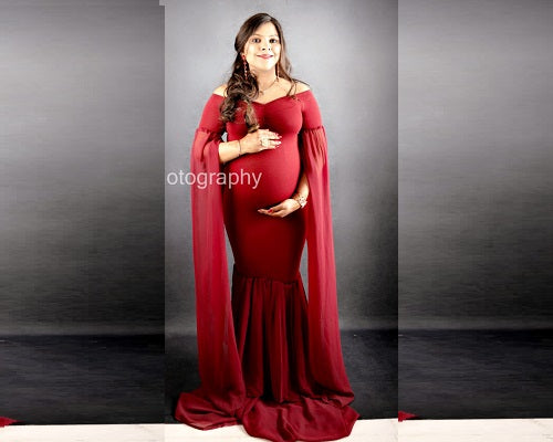 G181, Wine Maternity Shoot Long Sleeves Trail Baby Shower Gown, Size: All, Color: All