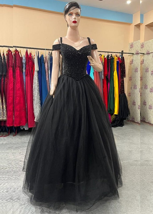 G746, Black Luxury Semi Off Shoulder Ball Gown, Size (XS-30 to XL-35)