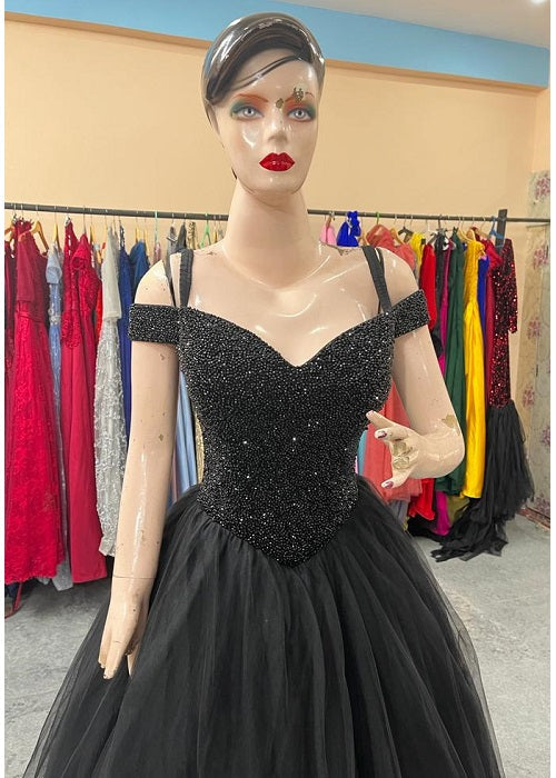 G746, Black Luxury Semi Off Shoulder Ball Gown, Size (XS-30 to XL-35)