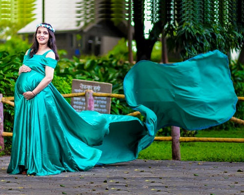 G478 , Sea Green Satin Maternity Shoot Long Trail Gown, Size: All, Color: All