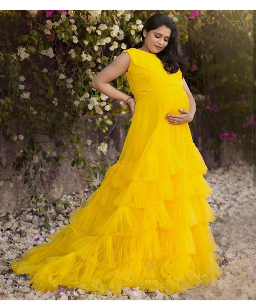 G551, Yellow Ruffled Maternity Shoot Gown Size: All, Color: All