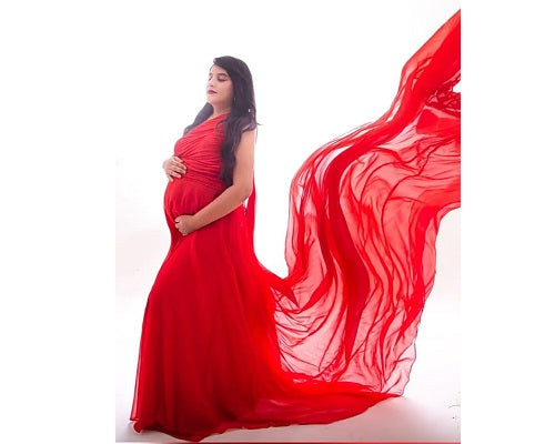 G575, Red One Shoulder Maternity Long Trail Gown, Size: All, Color: All