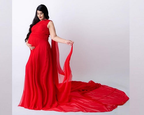 G575, Red One Shoulder Maternity Long Trail Gown, Size: All, Color: All