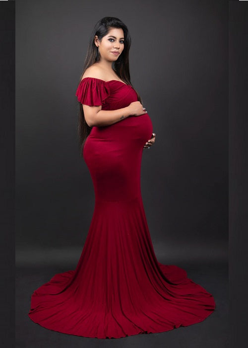 G247,Red Wine Maternity Shoot Baby Shower Trail Lycra Body Fit Gown, Size: All, Color: All