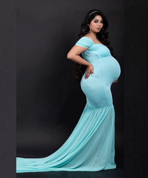 G49,Light Green Maternity Shoot Baby Shower Trail Lycra Fit Gown, Size: All,Color: All