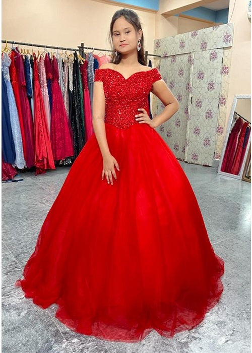 G535, Red Luxury Off Shoulder Ball Gown, Size (XS-30 to L-38)