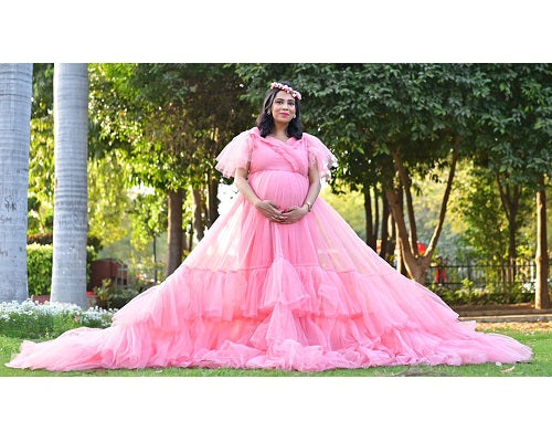 G555, Peach Ruffled Maternity Shoot  Gown, Size: All, Color: All