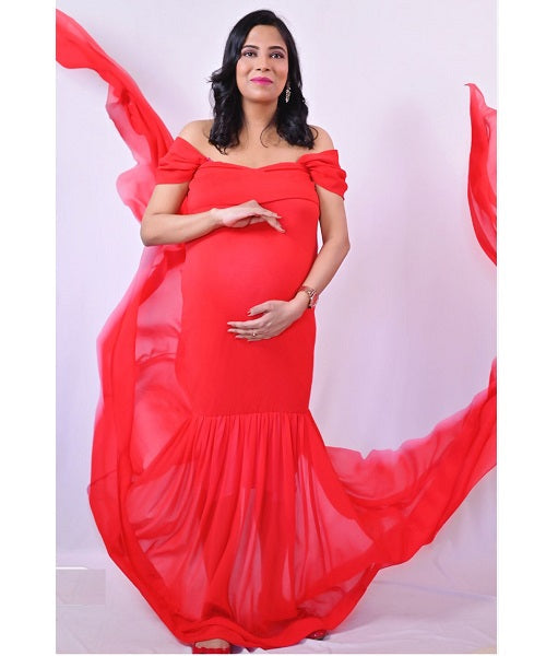 G215, Red Maternity Shoot Trail Baby Shower  Lycra Fit Gown, Size: All, Color: All