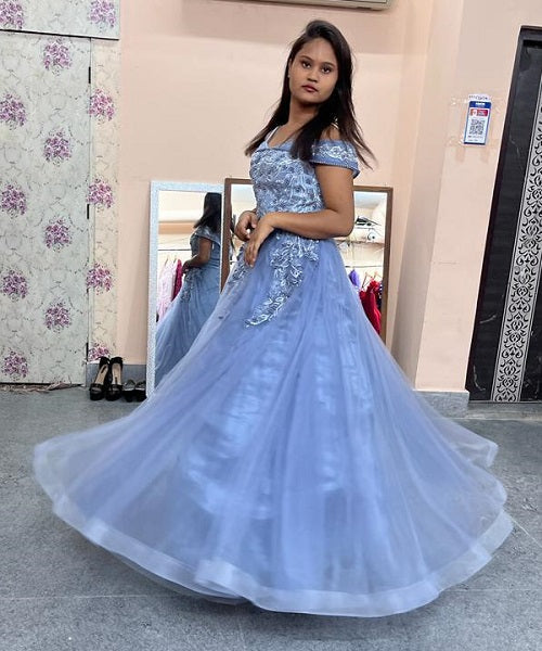 G635,  Grey Ball Semi off Shoulder Gown, Size (XS-30 to L-38)
