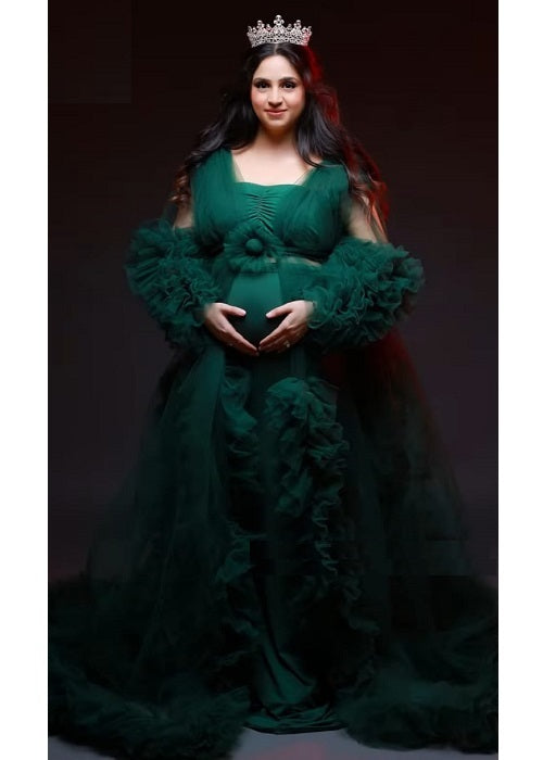 G848, Bottle Green Ruffled Maternity Shoot  Gown, Size: All, Color: All