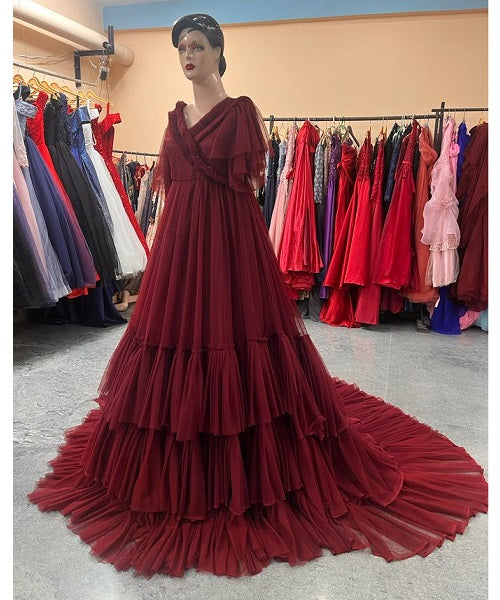 G455, Dark Wine Ruffled Pre Wedding Shoot  Gown, Size: All, Color: All