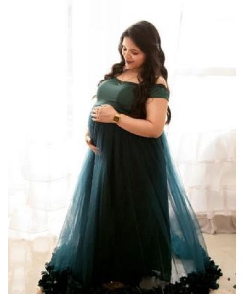 G822, Bottle Green Ruffled Maternity Shoot  Gown, Size: All, Color: All