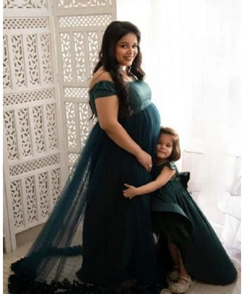 G822, Bottle Green Ruffled Maternity Shoot  Gown, Size: All, Color: All