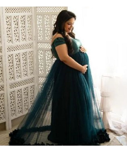 G822, Bottle Green Ruffled Maternity Shoot  Gown, Size: All, Color: All