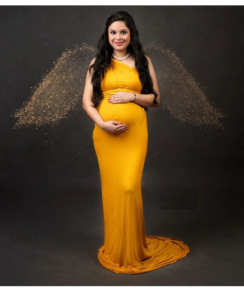 G279 ,Yellow Mustard One Shoulder Maternity Shoot Trail Baby Shower Gown, Size: All, Color: All