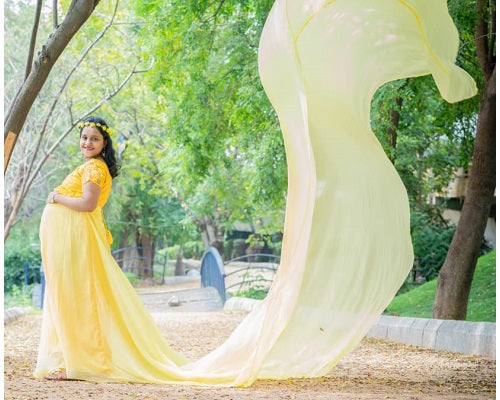 G378, Yellow maternity Shoot Long Trail Gown, Size: All, Color: All