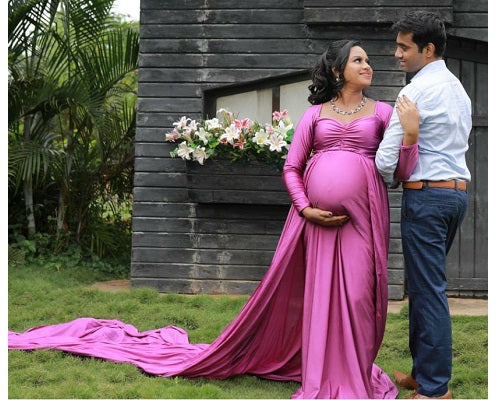 G41,Purple Maternity shoot Baby Shower Lycra Body Fit Gown, Size: All, Color: All