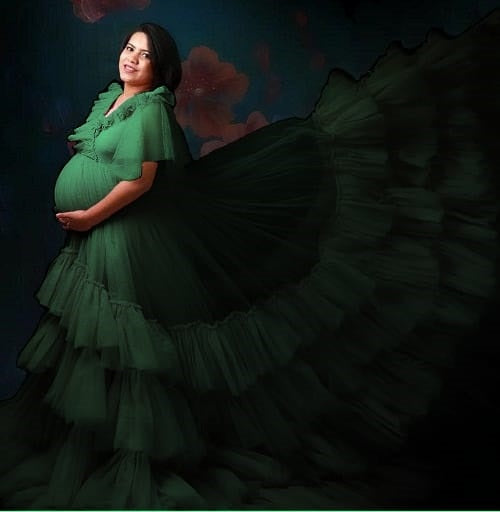 G855, Bottle Green Ruffled Maternity Shoot  Gown, Size: All, Color: All