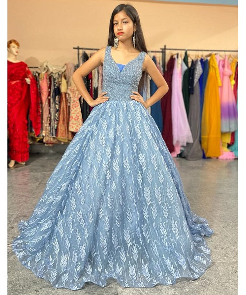 G735, Blueish Grey Feather Pre Wedding Ball Gown, Size (XS-30 to L-38)