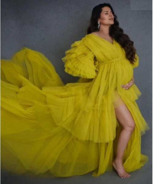 G552, Green Tea Ruffled Slit Cut Prewedding Shoot  Gown, Size: All, Color: All