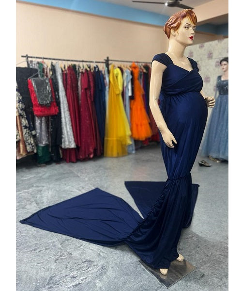 G345, Navy Blue Maternity Shoot Baby Shower Trail Lycra Body Fit Gown, Size: All, Color: All